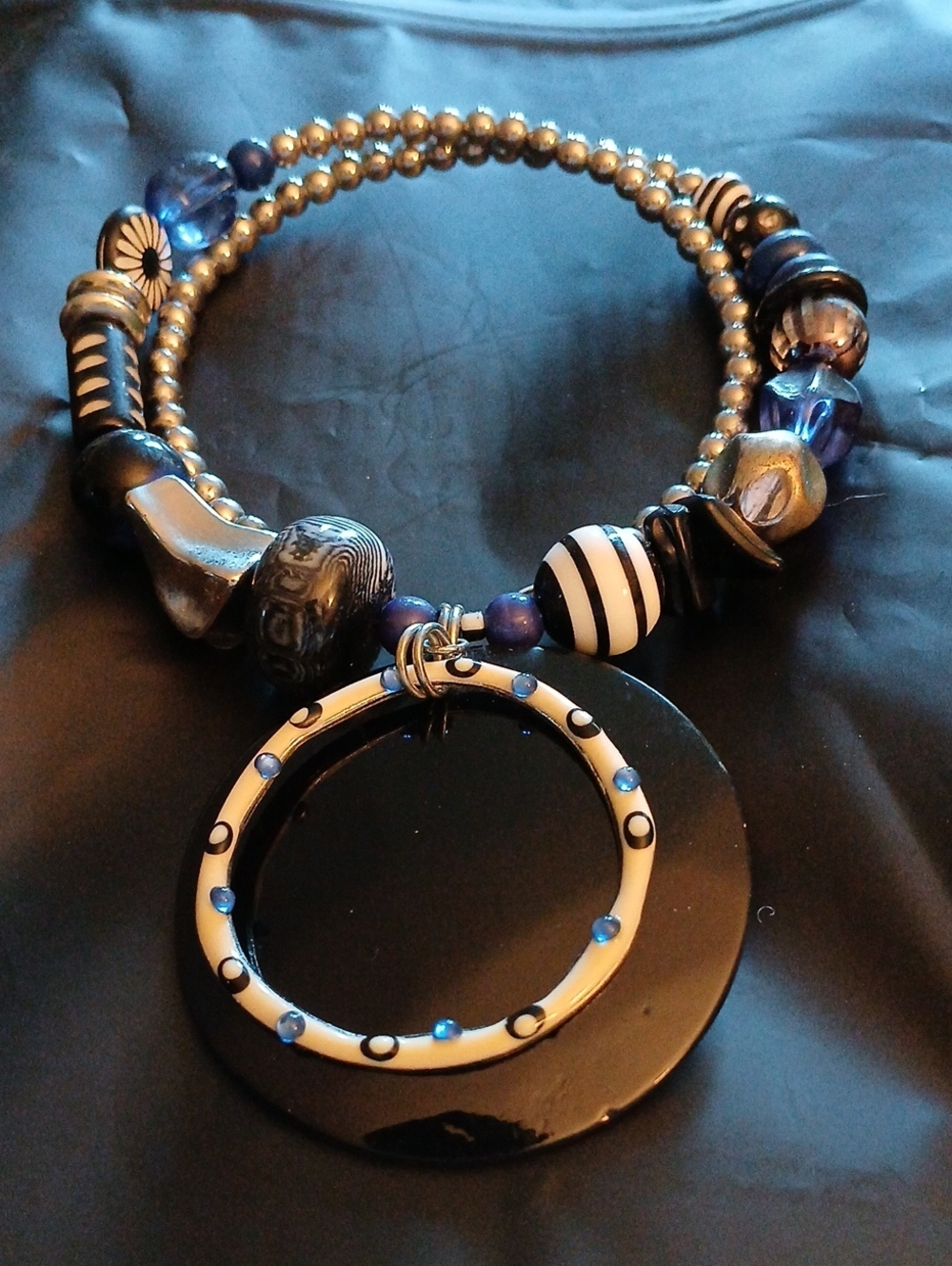 Chico's Signed Chunky Beaded Statement Stretch Collar Necklace Geometric Pendant